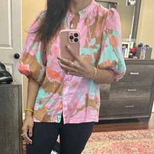 Floral Puff Sleeve Blouse in Pink and Aqua